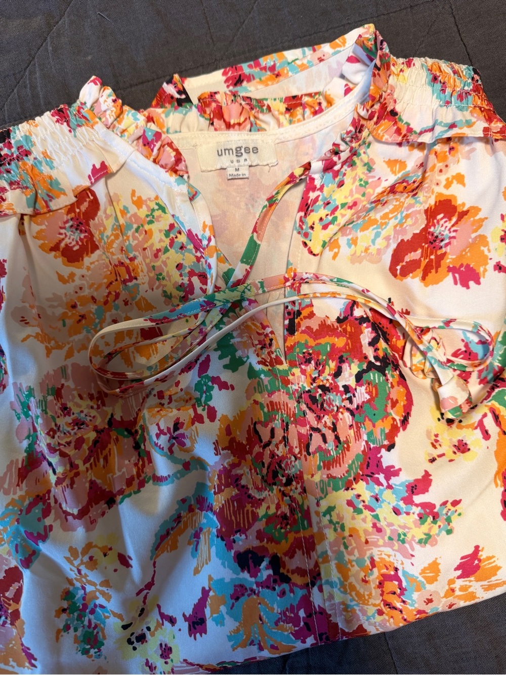 Umgee White Floral Peasant Blouse with Pink, Orange & Green Accents